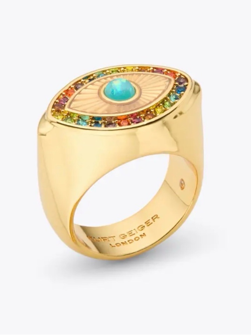 Kurt Geiger Rainbow Eye Multicolor Crystal & Brass Cocktail Ring Size 7